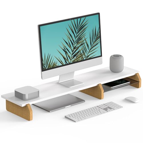 Fenge Large Monitor Stand 108cm Wood Computer Monitor Riser for Dual Monitor/Laptop/PC/TV/Printer Screens, with Eco Cork Leg, Home Office Desk Organizer Accessories, White