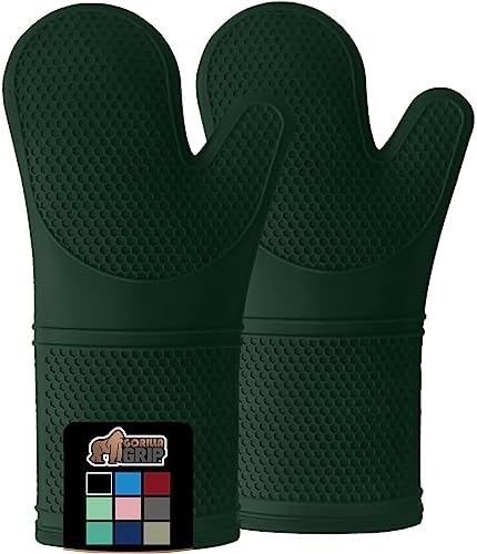 The Original Gorilla Grip Heat and Slip Resistant Silicone Oven Mitts Set, 14.5 IN, Soft Cotton Lining, Waterproof, BPA-Free, Extra Long Thick Gloves for Cooking, BBQ, Kitchen Potholders, Hunter Green