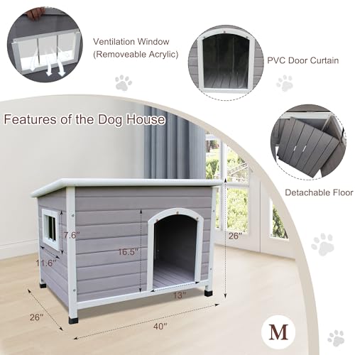 40\" Wooden Outdoor Dog Houses, Waterproof Dog House Outside with Window & Door Flap Waterproof Dog House Outdoor Indoor, Assemble Easily-Grey