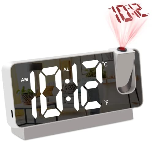 Kadams Projection Alarm Clock For Bedroom Ceiling & Wall, 180° Projection, Large Mirror Led Screen, Usb Charging Port, Loud Dual Alarm Clock & Snooze, Date, Time & Temperature Display (White) #TOP9