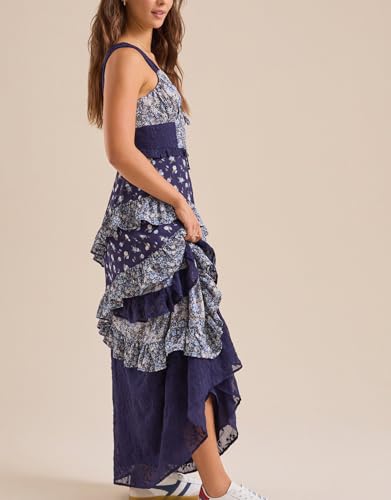Image of Y2k Patchwork Floral Maxi Dress Boho Flowy Ruffle Tiered Summer Dress Cute Beach Smocked Long Sundresses for Women