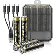 ORICO Ener-G Lithium-ion Battery Rechargeable AAA Batteries 4-Pack 1.5V Constant Output, 500mWh, 1 Hour Fast Charging with Type-C Cable, 1500x Cycles Long Lasting for Remote Control/Electronic Toys