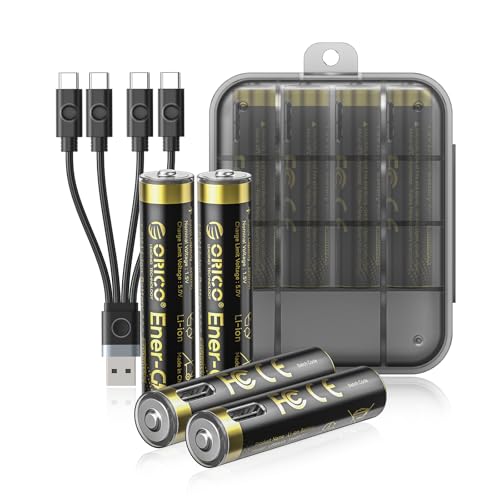 ORICO Ener-G - Batería de iones de litio recargables AAA, paquete de 4 unidades de 1.5 V de salida constante, 500 mWh, carga rápida de 1 hora con cable tipo C, 1500 ciclos de larga duración para