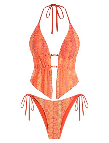 Image of ZAFUL Halter Swimsuits for Women Textured Backless 2 Piece Bathing Suits Cheeky High Cut String Tie Side Bikini Sets