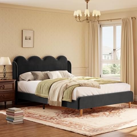 Garvee Chenille Upholstered Queen Bed Frame, Wingback Design, Black — $139.99 (30% off)