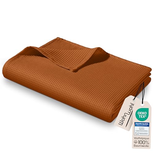 WOHNWOHL® Tagesdecke (150x200cm) • Leichte Waffelpique Decke • 100prozent Baumwolle • Sommerdecke • Sofa-Decke • Leicht zu pflegene Wohndecke • Überwurfdecke • Baumwolldecke • Farbe: Bronze