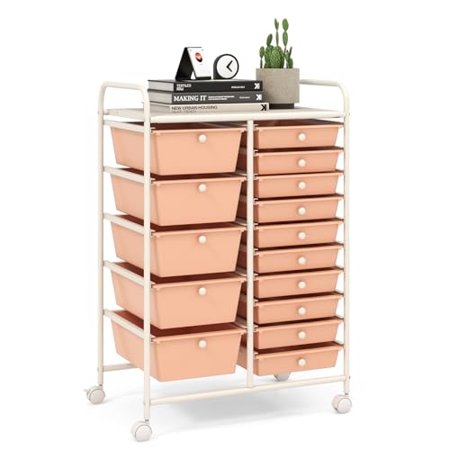 LDAILY 15 Drawer Rolling Storage Cart, Rolling Cart with Drawers for Classroom, Art Supply Craft Organizer on Wheel with Metal Frame & Handles for Home Office School