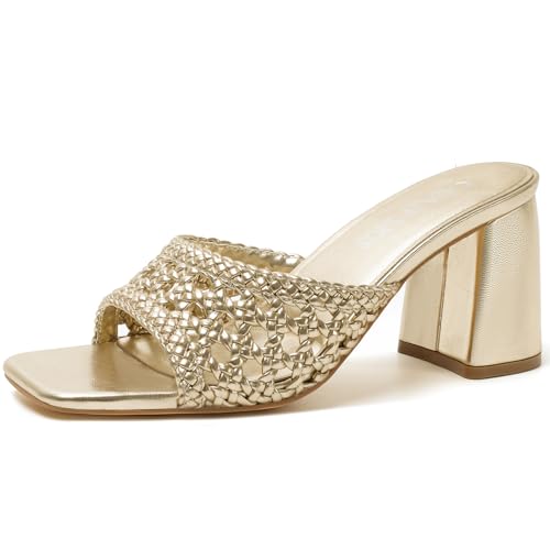 GOUPSKY Gold Chunky Mule Heels for Women Slip On Square Open Toe Woven Sandals Summer Dressy Block Heeled Shoes for Vacation Party Wedding by GOUPSKY - Used condition - US$37.99