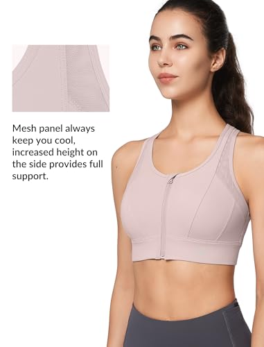 Image of Yvette High Impact Zip Front Sports Bra for Women | Supportive, Breathable Mesh Racerback, Nonremovable Cups, Wireless, Easy on and off, Running
