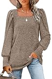 WIHOLL Long Sleeve Shirts for Women Trendy Square Neck Tops Pullover Sweaters Coffee L
