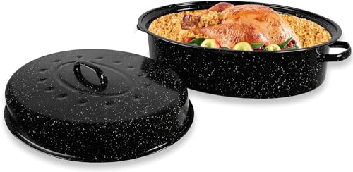 Bovado USA 15.5" In 8-10 lb Capacity Enamel Oval Turkey Roaster Pan + Lid - Thanksgiving Gift, Covered, Non-sticky, Chemical Free, Dishwasher Safe - (14.5 Inch Inner) - Rôtissoire (12lb Capacity)