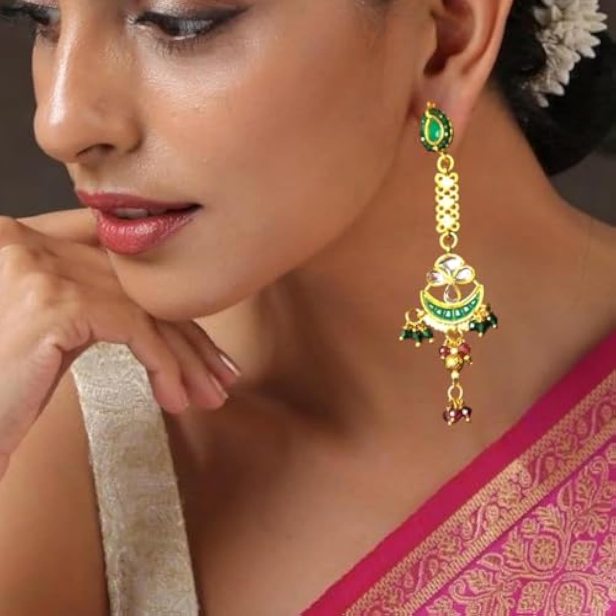 Kundan & Emerald Green Stones Studded Chandbali Dangle Earrings
