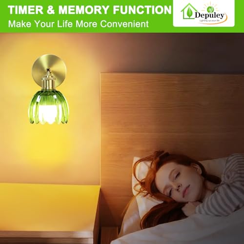 Image of Depuley Battery Operated Wall Sconce: Set of 2 Wireless Wall Lights with Tulip Glass Lampshade for Bedroom - Rechargeable 15 Colors Gold Wall Lamp for Living Room Doorway Home Decor - Green