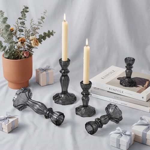 Ferrochef 24 Pack Glass Candlestick Holders Set 4.3/6.1'' Taper Stripe Candle Holder Bulk Floral Shape Crystal Decorative Candle Stand Centerpiece for Table Wedding Dining (Black) by Ferrochef - Used condition - Image 4