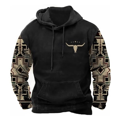 PORCLAY Mens Aztec Hoodie Western Cowboy Hooded Sweatshirt Country Graphic Print Oversized Pullover Shirts with Pocket