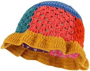 Miqil Women Hollow Knit Hat Floppy Contrast Color Crochet Bucket Hat Foldable Trendy Summer Autumn Fisherman Cap