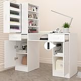 NAIYUFA Manicure Table Nail Desk for Nail Tech with Glass Top & Wrist Rest,Nail Desk Station with Power Outlets,Shelves, Storage Cabinets, Drawers,Beauty Salon Workstation(White)