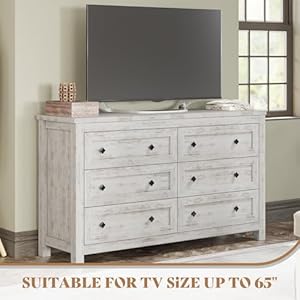 AMERLIFE 6 Drawer Dresser for Bedroom 54 Wide Dresser TV Stand with Large Drawers Farmhouse Wood Chest of Drawers with Vintage Grain Texture Distressed White