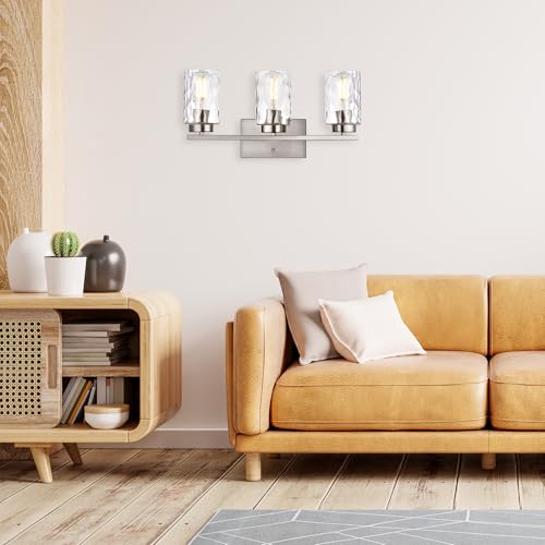 Image of Bathroom Light Fixture Over Mirror 3 Light Farmhouse Vanity Lights for Bathroom Modern Brushed Nickel Sconces Wall Lighting Flush Mount Fixtures with Clear Hammered Shade, E26 Socket