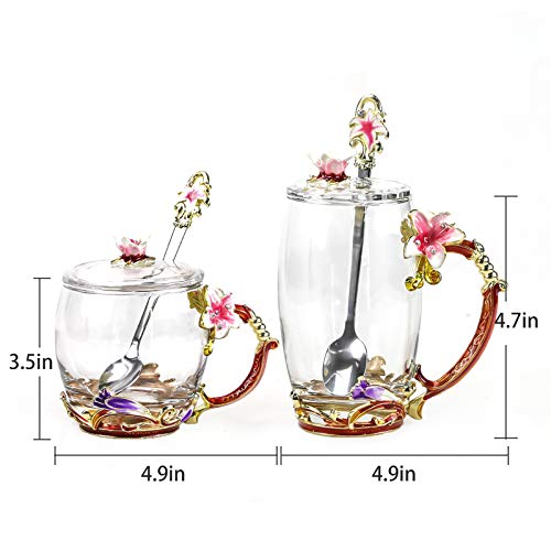 Glass-Tea-Cup-with-LidsFlower-Butterfly-Lead-Free-Handmade-Coffee-Mug-Tea-Cup-with-Flower-SpoonPack-of-2Personalized-Great-for-Women-Wife-Mom-Grandma-present-Girls-Friends-Birthday-Valentines-Day