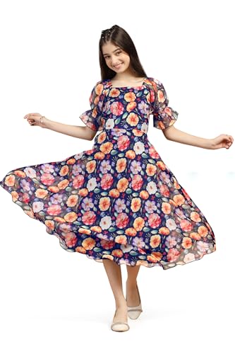 Image of Fashion Dream Girl's Organza Floral Printed Calf Length Dress|Western Dress|Kids Dress|Fancy Dress
