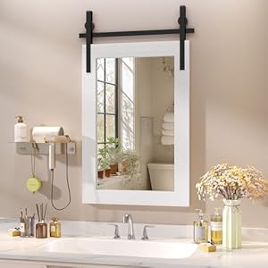 Hasipu Farmhouse Bathroom Mirror 18×26 Rustic Wood Framed Wall Mounted Mirror White Vintage Vanity Mirror Barn Door Style Decrative Mirrors