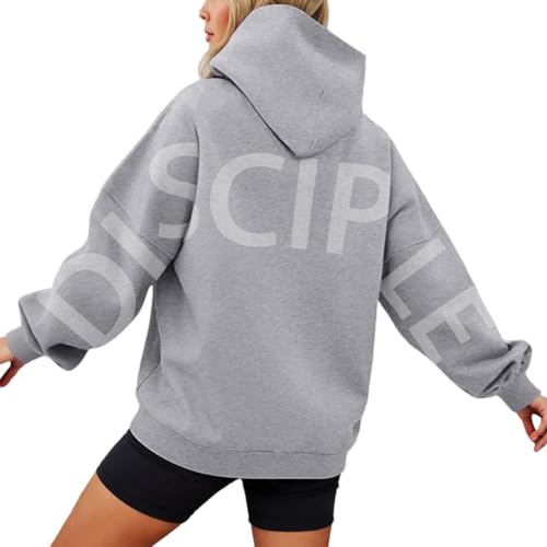 Image of ZSIQOII Hoodies for Women UK Oversized Sweatshirts Letter Print Pullover Hoodie Women with Pocket Long Sleeves Plus Size Tops Loungewear Sweatshirt for Home Gray XXL