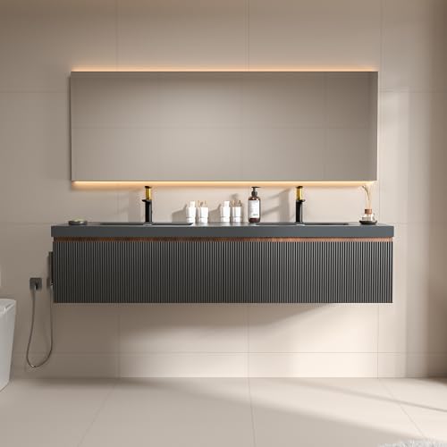 Runave 72 Inch Floating Bathroom Vanity with Double Sink, Modern Black Wall Mounted Floating Vanity with Scratch-Resistant Quartz Sand Basin, Soft Closing Drawers, Fully Pre Assembled Bathroom Vanity