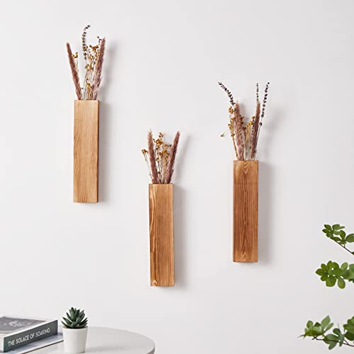 Mokof 3-Pack Decorative Wood Wall Planters for Artificial Plant, Dried Flower Stems, 12" Slim Wood Wall Vases for Living Room, Bedroom, Bathroom, Apartment Decor - Image 3