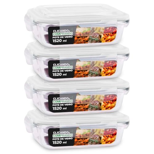 Kit 4 Potes de Vidro Retangular com Tampa Hermética 1520ml Cor: Transparente