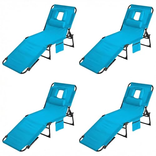 Garvee Tumbona Plegable de Playa con Apertura Facial, Respaldo 5 Posiciones, Cojín y Bolsillo Lateral, Lona Impermeable Estructura Acero, Portátil Jardín Terraza Piscina Camping, Azul, Pack de 4