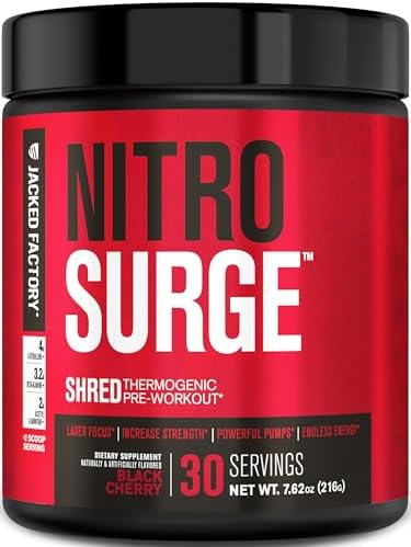 Jacked Factory NITROSURGE Shred Pre Workout Supplement – Energy Booster, Instant Strength Gains, Sharp Focus, Powerful Pumps – Nitric Oxide Booster & PreWorkout Powder – 30Sv, Black Cherry