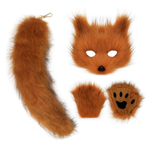 COSYEARS Cat Fox Mask Tail and Paws Gloves Set Furry Animal Therian Kit Masquerade Halloween Costume Accessory by COSYEARS - Used condition - US$17.47