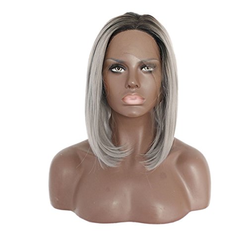 Ebingoo Ash Grey Ombre Lace Front Wigs with Black Roots Synthetic Short Silky Straight Bob Wave wig for Women Shoulder Length Synthetic Hair Replacement Heat Resistant Fiber Wig