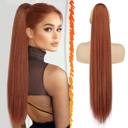 BARSDAR Long Straight Copper Auburn Drawstring Ponytail Extension Synthetic