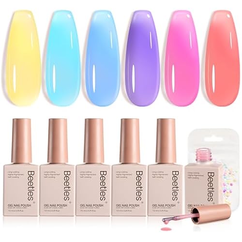 Beetles Pastel Gel Nail Polish Set, 6 Colors Spring Crystal Jelly Gel