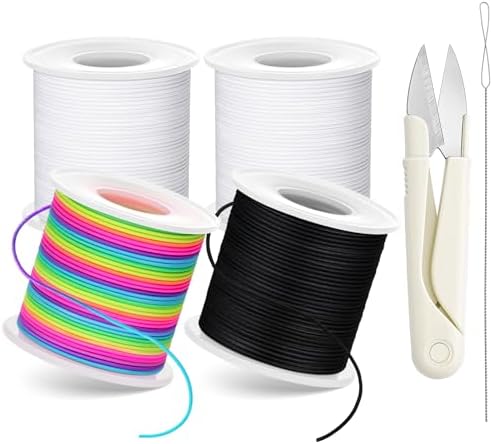 Stretchy Bracelet String Kit with Scissors & Beading Needle, 4 Rolls Elastic String for DIY Crafts, 1mm Stretchy Cord for Jewelry Making Sewing Necklace Beading, 660FT, (Black, White, Rainbow)