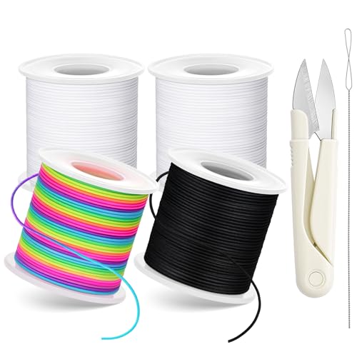 Stretchy Bracelet String Kit with Scissors & Beading Needle, 4 Rolls Elastic String for DIY Crafts, 1mm Stretchy Cord for Jewelry Making Sewing Necklace Beading, 660FT, (Black, White, Rainbow)