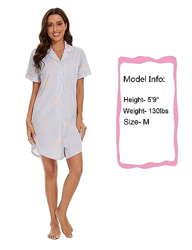 Image of CHUNG Nightshirts for Women Short Sleeve Cotton Sleepshirt Loungewear Button Down Dress pjs Pajamas Plus Size
