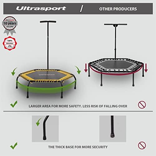 Ultrasport Fitness Trampoline, sports trampoline with strong handle bar and elastic rope suspension for maximum safety, Indoor sport trampoline for home, jumping fitness in two versions: hard or soft
