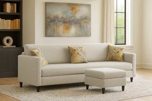 Image of Casaliving Premium Lifestyle Fabric 5 Seater L Shape Sofa Set 4 Seater Modern Sofa Set & Ottoman for Living Room (Cream Color)
