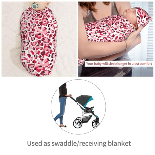 Image of Leopard Print Pink Newborn Swaddle Blankets Hat Sets Soft Baby Receiving Blanket Swaddle Sack for Baby Shower Infant Boy Girl Gift