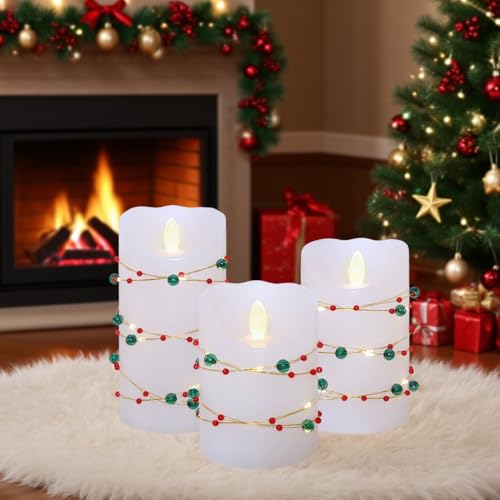 Image of Flameless Candles with Red Green Beads String Lights - Real Wax Christmas Decor Battery Operated Candles with Remote & Timer- Home Party Bedroom Holiday Valentine's Day Decorations - Set of 3