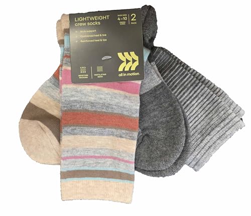 All in Motion Women's Lightweight Cushioned Wool Blend Striped 2pk Crew Socks- (Oatmeal Rose, 4-10)