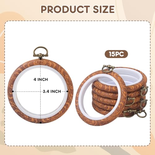 Image of 15 Pcs 3.4 Inch Embroidery Hoop Set, Imitation Wood Rubber Cross Stitch Hoops, Round Sewing Frames for DIY Crafts, Art Projects, and Gift Making