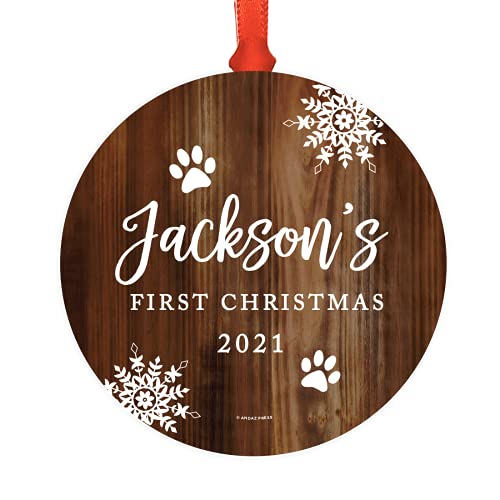 Andaz Press Personalized Dog Cat Pet Animal Round Metal Christmas Ornament, Jackson's First Christmas, 2023, Rustic Wood, 1-Pack, Includes Ribbon And Gift Bag, Custom Name #TOP25