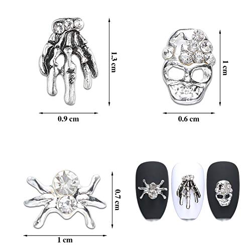 60 Pieces Skull Nail Charms Spider Skull 3D Spider With Rhinestones Vintage Alloy Skeleton Hand Nail Design Jewelry Decor Nail Design Glitters For Nail Cellphone Decoration (Antique Silver) #TOP1