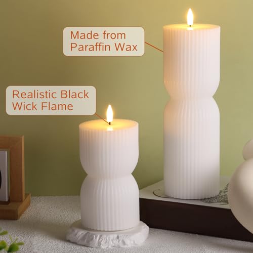 Girimax White Ribbed Flameless Pillar Candles with Remote, Real Wax Flickering Battery LED Candles Set of 2 - Thumbnail 6
