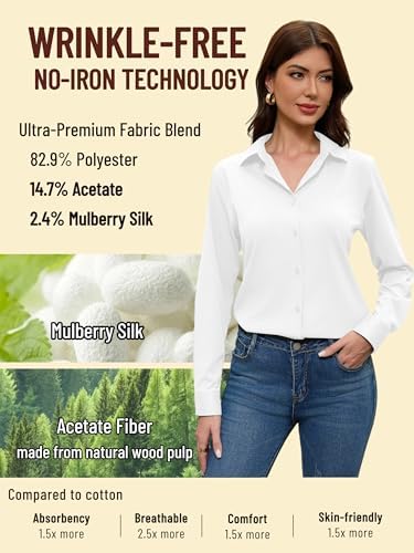 Wrinkle-Free Mulberry Silk Women's Button-Down Long Sleeve Shirt - Image 3