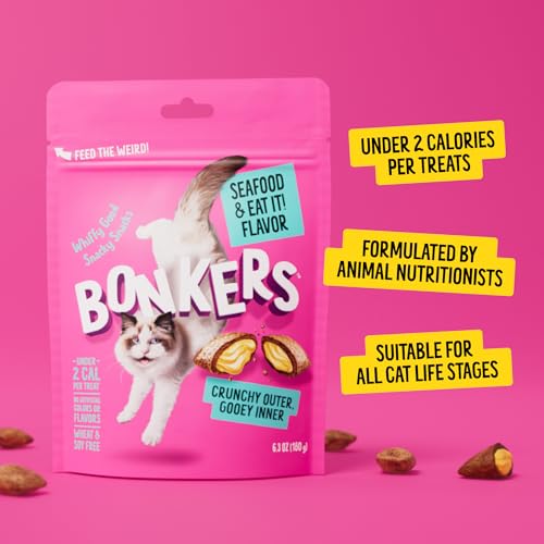 Bonkers Cat Treats Seafood & Eat It! Flavor 3 OZ, Cat Treats, Treats for Training, for All Breeds and Ages, Food Topper, Resealable Pouch (10 Pack)